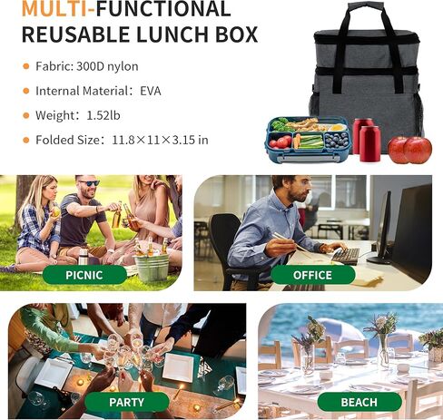 حقيبة تبريد 45 علبة للرجال والنساء، صندوق غداء معزول بطابقين كبير قابل للتوسيع سعة 32 لتر، حقيبة غداء تبريد مضادة للتسرب وقابلة لإعادة الاستخدام، مناسبة للتخييم/النزهة/رحلات الطريق، رمادي داكن in Kuwait