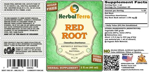 Herbal Terra LLC Red Root (Ceanothus Americanus) Glycerite, Dried Root Bark Alcohol-Free Liquid Extract 2 oz in Saudi Arabia