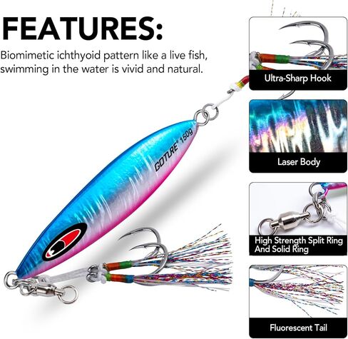 Goture بطيئة سقوط مسطح تهزهز مضيئة الرصاص العمودي تهزهز المياه المالحة الاصطناعي إغراء تهزهز الصيد إغراء مع اثنين من مساعدة Mustad هوك لسمك التونة الكنعد باس السلمون in Kuwait