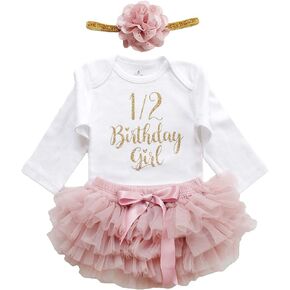 LilPinkGoose طفلة نصف عيد ميلاد الزي 1/2 عيد ميلاد فتاة ملابس الذهب بريق الورد المغبر ارتداءها توتو بلومر مجموعات 3 قطعة in Kuwait