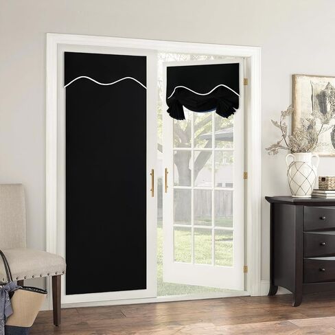 ستارة باب فرنسية شتوية معتمة بنسبة 100% - ستائر نافذة باب منزلقة معزولة حراريًا للخصوصية لباب الفناء والباب الأمامي وستارة جانبية مربوطة للظل، W26 x L69 بوصة، لوحة واحدة، أسود in Kuwait
