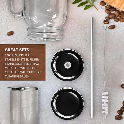 LonXFan Mason Jar Cold Brew Coffee Maker, Iced Cold Brew Coffee Maker With Metal Drinking Lid - Heavy Duty Glass Jar Coffee Brewer with Premium Mesh Filter & 750ML/25OZ in Kuwait