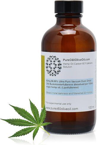 PureC60OliveOil C60 Organic Hemp Seed Oil 100ml / 3.4 Fl Oz - 99.95% Carbon 60 Solvent Free 80mg - Amber Glass Bottle - Food Grade - Carbon 60 Hemp Oil - from The Leading Global Producer in Kuwait