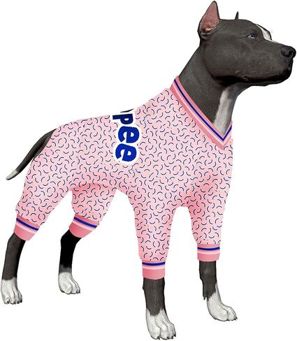 LovinPet Pets Pajamas, UV Protection, Post Operative Protection Dog Apparel, Comfy 4 Legged Coverage Dog Jumpsuit, Stretchable V Neck Letter Purple Flower Prints Jumpsuit for Large Dogs in Saudi Arabia