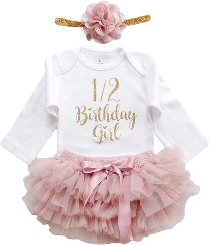LilPinkGoose طفلة نصف عيد ميلاد الزي 1/2 عيد ميلاد فتاة ملابس الذهب بريق الورد المغبر ارتداءها توتو بلومر مجموعات 3 قطعة in Kuwait