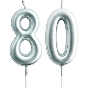 eusbon 80th Candle for Cake Decoration, Number 80 Birthday Candle for Birthday Party, Wedding Anniversary, 7cm Silver Big Size Number Candles