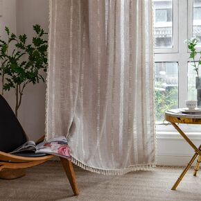 Colorigan Boho Semi Blackout 63 84 96 Inches Length 2 Panels Set Farmhouse Window Curtains with Tassels, Striped Embroidered Rustic Cotton Linen Long Bohemian Curtain Drapes for Living Room, Bedroom in Kuwait