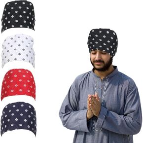 BISMAADH 4 Pack Bamboo Cotton Sikh Symbol Khanda Printed Patka Durag Headcover Skull Cap Beanies