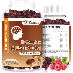 VZOXAINS 2 Pack Mushroom Gummies Supplement, 10 Blend Mushroom Complex with Lion's Mane, Cordyceps, Turkey Tail-Focus Energy Immune Support-Raspberry Flavor 60ct