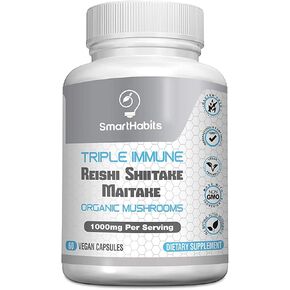 SmartHabits TRIPLE IMMUNE Organic Mushroom Complex Supplement Reishi, Shiitake, Maitake Mushroom Extract- Energy, Focus, Immunity Support, Gluten Free, Vegetarian, NonGMO-60 Vegan Caps in Kuwait