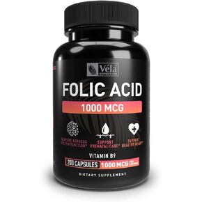 مكمل فيلا حمض الفوليك | 1000 ميكروجرام لكل جرعة، 200 كبسولة | دعم صحة القلب، ملحق دعم ما قبل الولادة | لا يحتوي على كائنات معدلة وراثيًا، وتم اختباره بواسطة طرف ثالث in Kuwait