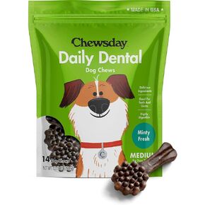 Chewsday Small Minty Fresh Daily Dental Dog Chews, Made in The USA, Natural Highly-Digestible Oral Health Treats for Healthy Gums and Teeth - 14 Count