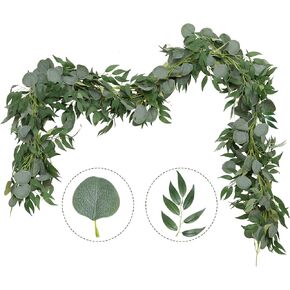 Greentime 2 Pack Greenery Garland 6.5 Feet Artificial Eucalyptus Garland with Willow Leaves for Wedding Table Runner Bridal Baby Shower Decor