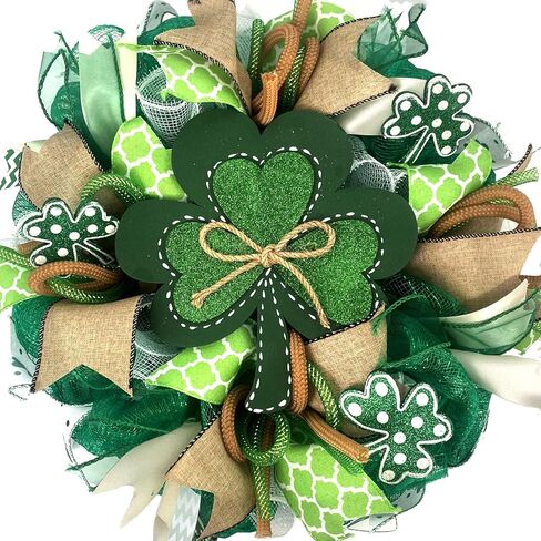 Bibelot St.Patrick's Day Wreath for Front Door, 16 inch Irish St Patrick's Day Green Mesh Wreath with Clover Ribbon, Spring Wreaths for Front Door Farmhouse Wall Decor in Saudi Arabia