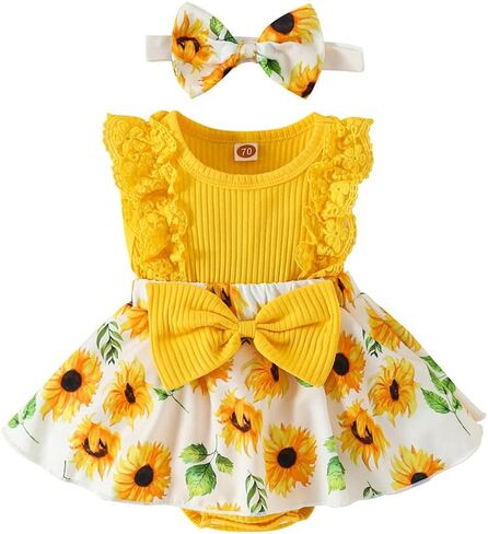 Zoiuytrg ملابس الفتيات حديثي الولادة بدون أكمام من الدانتيل فستان رومبير مُزين بنقشة الزهور بذلة مع عصابة رأس ملابس صيفية للأطفال الرضع in Kuwait