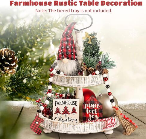12 قطعة ديكور صينية عيد الميلاد، علامات خشبية لعيد الميلاد من COSYOO ومجموعة أقزام جاموس منقوشة من القطيفة مع قطعتين من التوت و6 قطع من عصي عيد الميلاد لصينية ذات طبقات ريفية لتزيين المزرعة in Kuwait