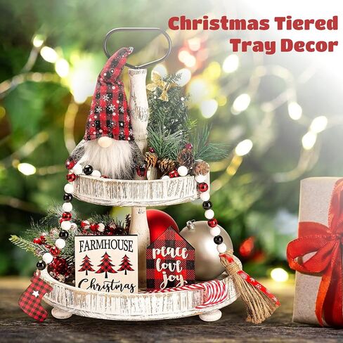 12 قطعة ديكور صينية عيد الميلاد، علامات خشبية لعيد الميلاد من COSYOO ومجموعة أقزام جاموس منقوشة من القطيفة مع قطعتين من التوت و6 قطع من عصي عيد الميلاد لصينية ذات طبقات ريفية لتزيين المزرعة in Kuwait