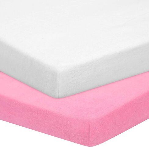 ملاءات TILLYOU Flannel Cotton Pack N Play الملائمة، متعددة الاستخدامات كملاءات سرير أطفال صغيرة محمولة، ملاءات لعب في ساحة اللعب، ناعمة لبشرة الطفل وشعره الحساس، مجموعة من 2، وردي وردي وأبيض in Kuwait