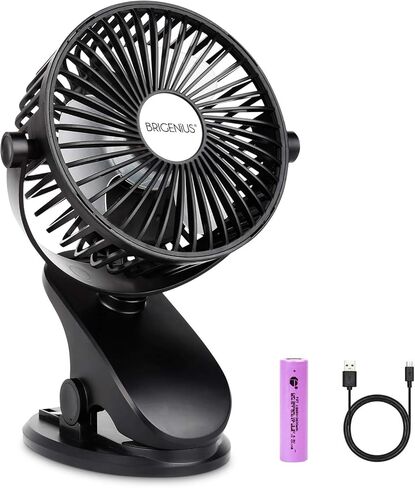 BRIGENIUS Clip on Stroller Fan, Battery Operated Portable Mini Desk Fan Rechargeable, USB Powered Clip Fan for Baby Stroller Office Outdoor Travel, Black in Kuwait