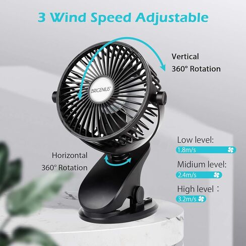 BRIGENIUS Clip on Stroller Fan, Battery Operated Portable Mini Desk Fan Rechargeable, USB Powered Clip Fan for Baby Stroller Office Outdoor Travel, Black in Kuwait