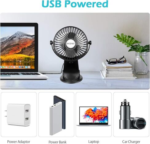 BRIGENIUS Clip on Stroller Fan, Battery Operated Portable Mini Desk Fan Rechargeable, USB Powered Clip Fan for Baby Stroller Office Outdoor Travel, Black in Kuwait