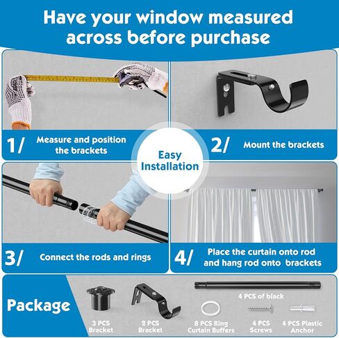 Curtain Rods 28 to 44 Inch, 1 1/8 Inch Diameter Black Curtain Rods Set Heavy Duty Splicing Drapery Rod with Adjustable Brackets for Bedroom, Living Room, Kitchen in Kuwait