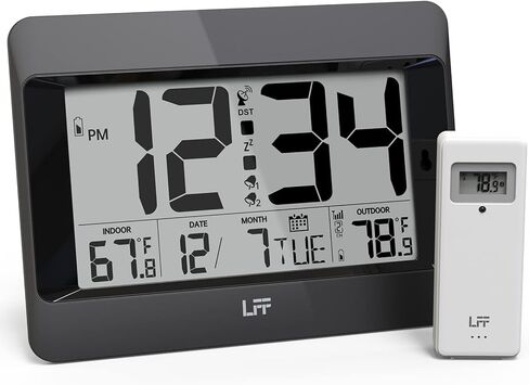 ساعة LFF الذرية، ساعة حائط رقمية تعمل بالبطارية، ساعة منبه مكتبية مع عرض كبير لدرجة الحرارة الداخلية والخارجية، ساعة استشعار خارجية لاسلكية لغرفة النوم وغرفة المعيشة والمكتب، التوقيت الصيفي التلقائي in Kuwait
