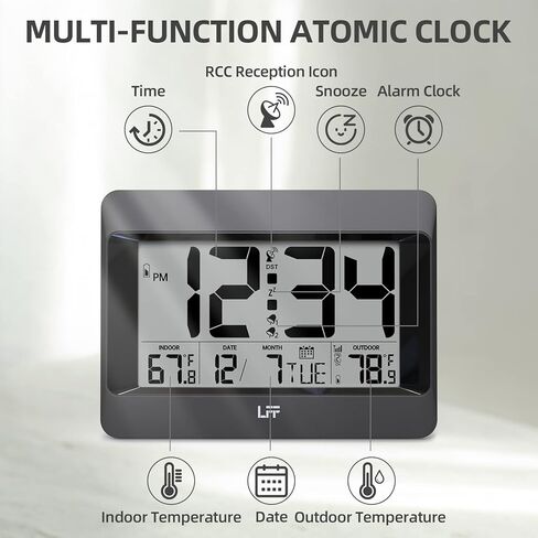 ساعة LFF الذرية، ساعة حائط رقمية تعمل بالبطارية، ساعة منبه مكتبية مع عرض كبير لدرجة الحرارة الداخلية والخارجية، ساعة استشعار خارجية لاسلكية لغرفة النوم وغرفة المعيشة والمكتب، التوقيت الصيفي التلقائي in Kuwait