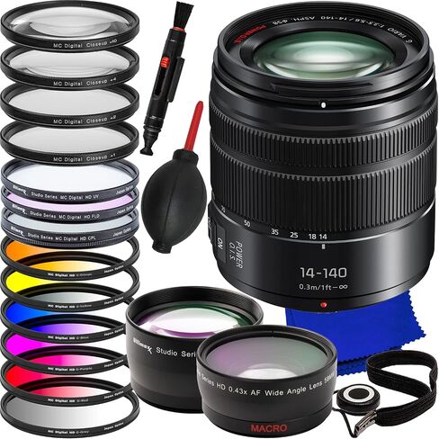 Ultimaxx Advanced Accessory Bundle + Panasonic Lumix G Vario 14-140mm f/3.5-5.6 II ASPH. Power O.I.S. Lens + 0.43x Wide-Angle Lens Attachment, 4PC Macro Close-Up Filter Kit & Much More (24pc Bundle) in Saudi Arabia
