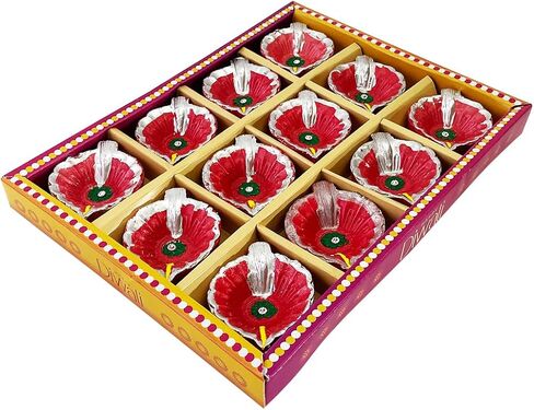 KSJONE Clay Diyas Diyas Deepak Earthen Assorted Colorful Set - Diwali Decoration Puja - Handpainted Diya for Home Indoor Outdoor Diwali Design Mix Color with Cotton Wicks (12 Pcs Diya (Design 2)) in Saudi Arabia