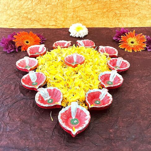 KSJONE Clay Diyas Diyas Deepak Earthen Assorted Colorful Set - Diwali Decoration Puja - Handpainted Diya for Home Indoor Outdoor Diwali Design Mix Color with Cotton Wicks (12 Pcs Diya (Design 2)) in Saudi Arabia
