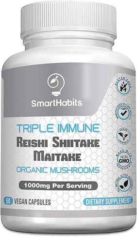 SmartHabits TRIPLE IMMUNE Organic Mushroom Complex Supplement Reishi, Shiitake, Maitake Mushroom Extract- Energy, Focus, Immunity Support, Gluten Free, Vegetarian, NonGMO-60 Vegan Caps in Kuwait