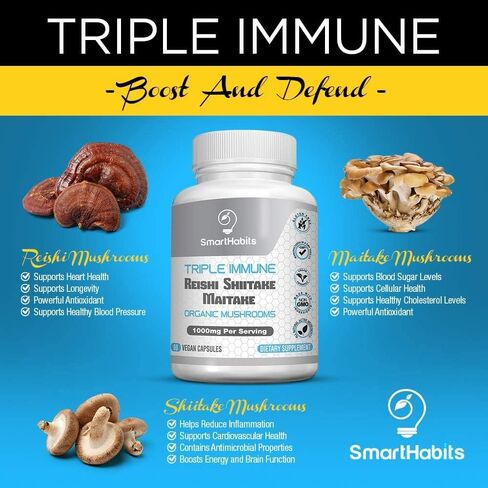 SmartHabits TRIPLE IMMUNE Organic Mushroom Complex Supplement Reishi, Shiitake, Maitake Mushroom Extract- Energy, Focus, Immunity Support, Gluten Free, Vegetarian, NonGMO-60 Vegan Caps in Kuwait