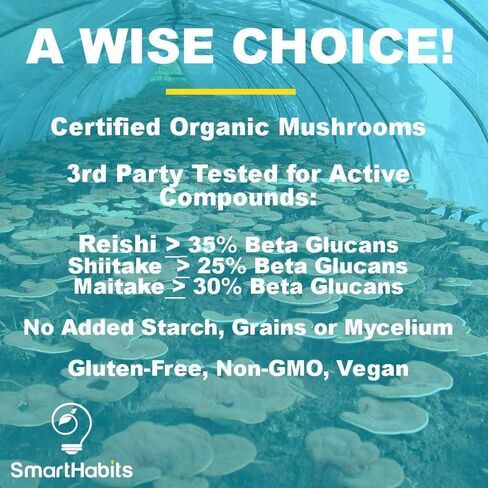 SmartHabits TRIPLE IMMUNE Organic Mushroom Complex Supplement Reishi, Shiitake, Maitake Mushroom Extract- Energy, Focus, Immunity Support, Gluten Free, Vegetarian, NonGMO-60 Vegan Caps in Kuwait