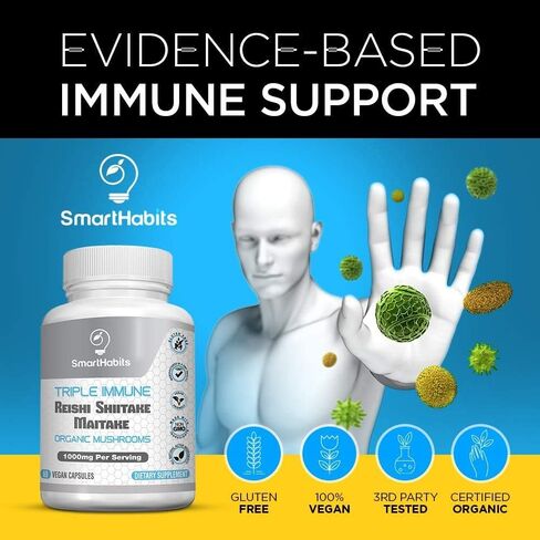SmartHabits TRIPLE IMMUNE Organic Mushroom Complex Supplement Reishi, Shiitake, Maitake Mushroom Extract- Energy, Focus, Immunity Support, Gluten Free, Vegetarian, NonGMO-60 Vegan Caps in Kuwait