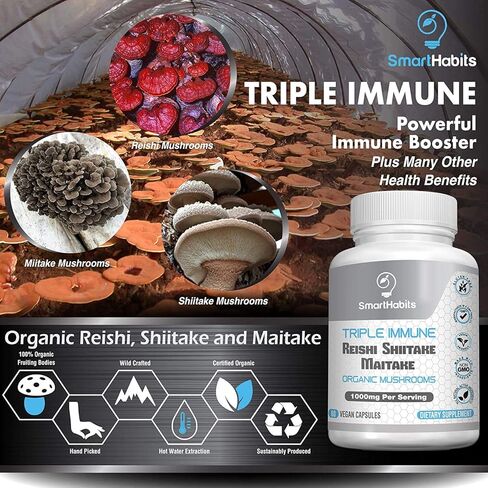 SmartHabits TRIPLE IMMUNE Organic Mushroom Complex Supplement Reishi, Shiitake, Maitake Mushroom Extract- Energy, Focus, Immunity Support, Gluten Free, Vegetarian, NonGMO-60 Vegan Caps in Kuwait