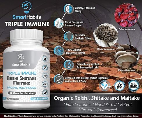 SmartHabits TRIPLE IMMUNE Organic Mushroom Complex Supplement Reishi, Shiitake, Maitake Mushroom Extract- Energy, Focus, Immunity Support, Gluten Free, Vegetarian, NonGMO-60 Vegan Caps in Kuwait