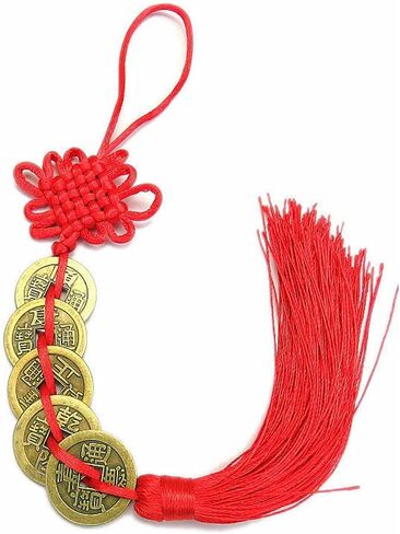 6 Strings Vintage Chinese Feng Shui Coin Lucky Coin Fortune Coin Chinese Knot Pendant for Lucky Wealth Charm Home Car Decoration Accessories (5 Coin, Red) in Saudi Arabia