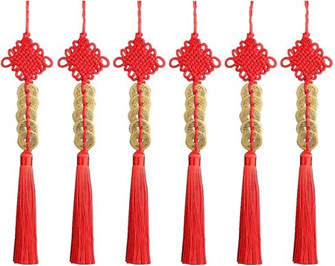 6 Strings Vintage Chinese Feng Shui Coin Lucky Coin Fortune Coin Chinese Knot Pendant for Lucky Wealth Charm Home Car Decoration Accessories (5 Coin, Red) in Saudi Arabia