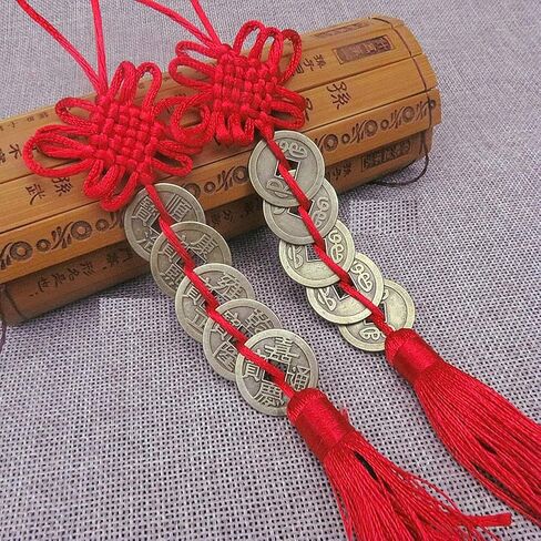 6 Strings Vintage Chinese Feng Shui Coin Lucky Coin Fortune Coin Chinese Knot Pendant for Lucky Wealth Charm Home Car Decoration Accessories (5 Coin, Red) in Saudi Arabia
