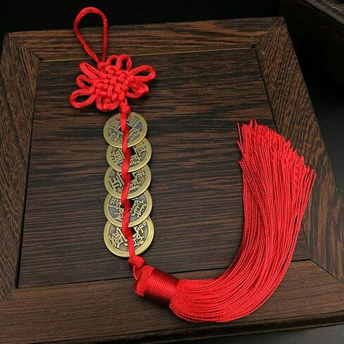 6 Strings Vintage Chinese Feng Shui Coin Lucky Coin Fortune Coin Chinese Knot Pendant for Lucky Wealth Charm Home Car Decoration Accessories (5 Coin, Red) in Saudi Arabia