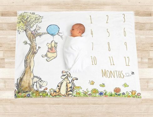 DAYIMG Vintage Winnie Milestone Blanket for Baby Boy Blue Balloon Pooh Monthly Growth Blanket Classic Baby Boys First Twelve Months Blanket Newborn Nursery Supplies Baby Shower Decorations in Kuwait