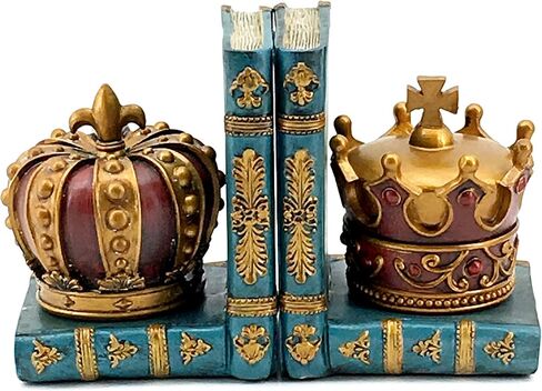 Bellaa 24254 Decorative Bookends Vintage Chess King Queen Royal Crown Art Design Book Ends Bookshelf Home Decor Office Library Gifts Golden Heavy Duty Non Skid Antiques 6 Inch in Saudi Arabia