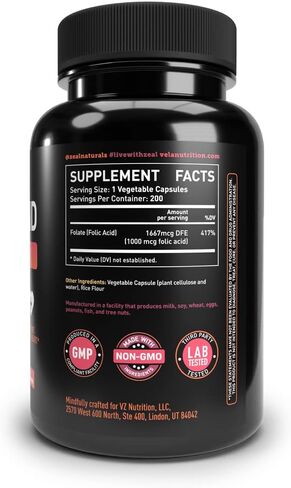مكمل فيلا حمض الفوليك | 1000 ميكروجرام لكل جرعة، 200 كبسولة | دعم صحة القلب، ملحق دعم ما قبل الولادة | لا يحتوي على كائنات معدلة وراثيًا، وتم اختباره بواسطة طرف ثالث in Kuwait