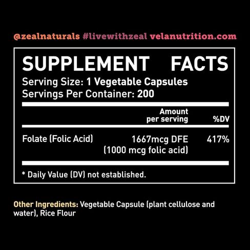 مكمل فيلا حمض الفوليك | 1000 ميكروجرام لكل جرعة، 200 كبسولة | دعم صحة القلب، ملحق دعم ما قبل الولادة | لا يحتوي على كائنات معدلة وراثيًا، وتم اختباره بواسطة طرف ثالث in Kuwait