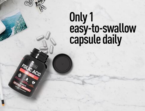 مكمل فيلا حمض الفوليك | 1000 ميكروجرام لكل جرعة، 200 كبسولة | دعم صحة القلب، ملحق دعم ما قبل الولادة | لا يحتوي على كائنات معدلة وراثيًا، وتم اختباره بواسطة طرف ثالث in Kuwait