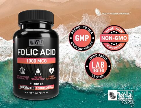 مكمل فيلا حمض الفوليك | 1000 ميكروجرام لكل جرعة، 200 كبسولة | دعم صحة القلب، ملحق دعم ما قبل الولادة | لا يحتوي على كائنات معدلة وراثيًا، وتم اختباره بواسطة طرف ثالث in Kuwait