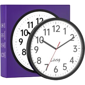 Livsg 10 Inch Wall Clock Modern Round Silent Non Ticking Battery Operated Quality Quartz Digitalclock Easy to Read for Home, Living Room, Bedroom, Kitchen, School, Classroom, Office （Black） in Kuwait