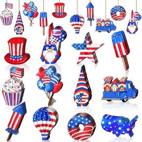 Karenhi 36 Pcs Patriotic Ornaments for Tree Wooden 4th of July Decoration Memorial Day Hanging Ornament American Flag Star Gnome Wood Cutout Red White Blue Patriotic Decoration for Home Tree(Stylish)