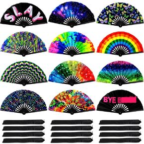 Qunclay 12 Pieces UV Glow Large Rave Folding Hand Fan for Men Women Chinese Japanese Handheld Fan with Rainbow Butterfly for Drag Queen Dance Performance Music Festival Party Gifts, 24 Inch in Saudi Arabia